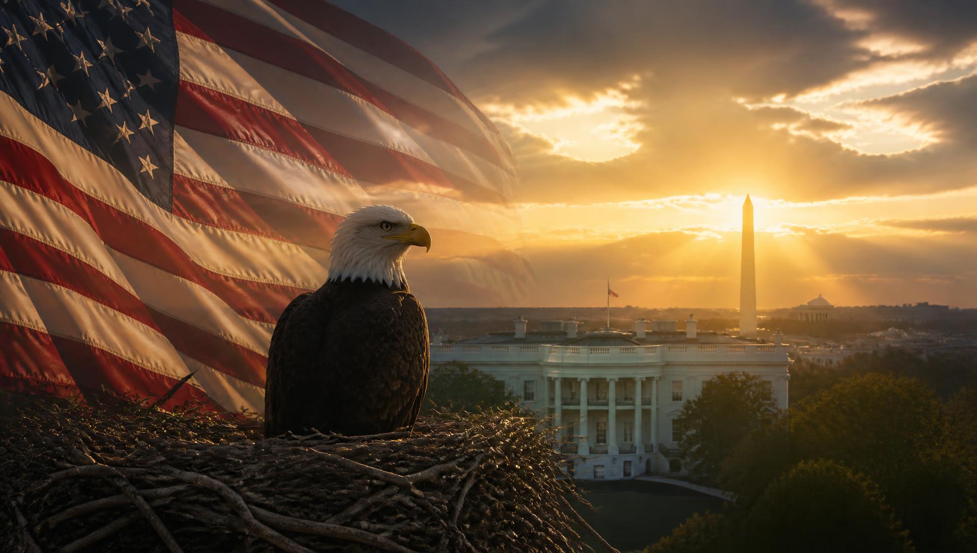 Jackie the bald eagle in her nest at sunrise with the American flag
